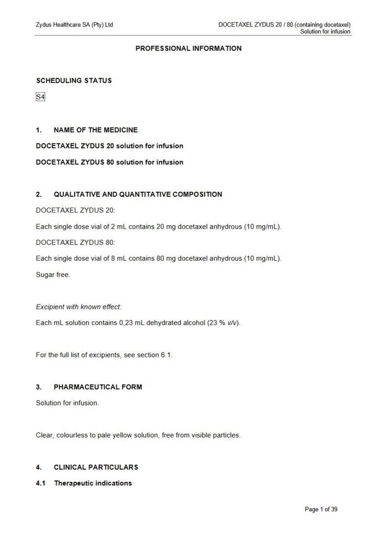 Docetaxel Zydus 20 / 80 20mg / 80mg Solution for infusion. package insert preview