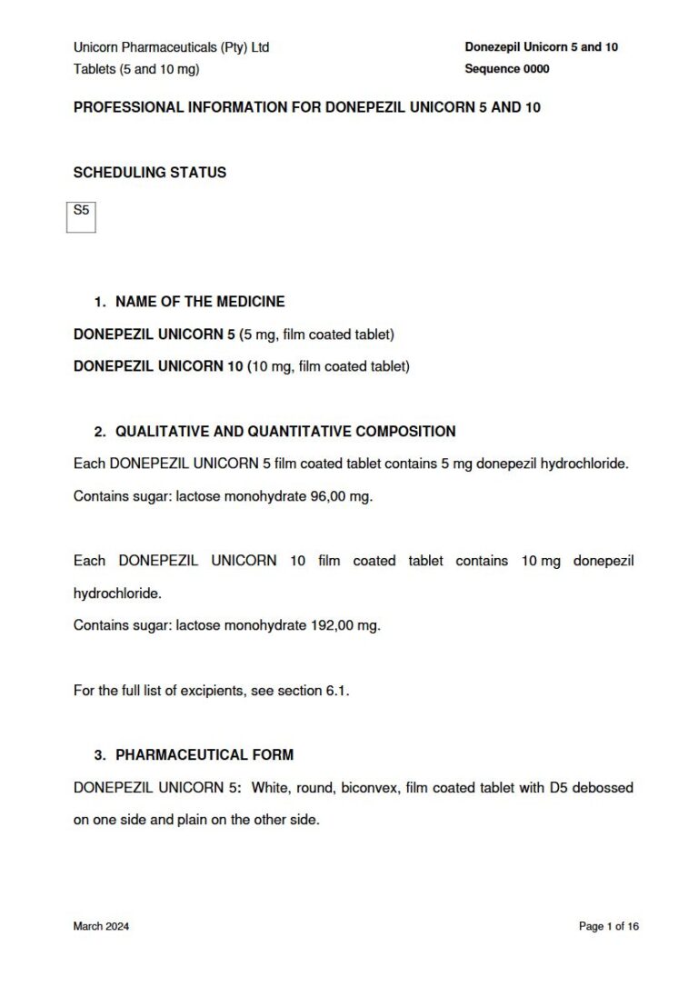 Donepezil Unicorn 5 and 10 mg Tablets package insert preview