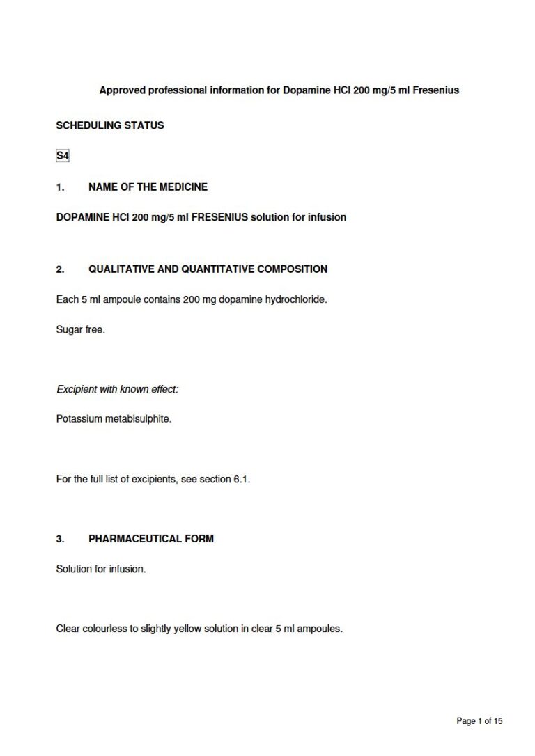 Dopamine Hcl Fresenius 200 Mg/5 Ml Solution package insert preview