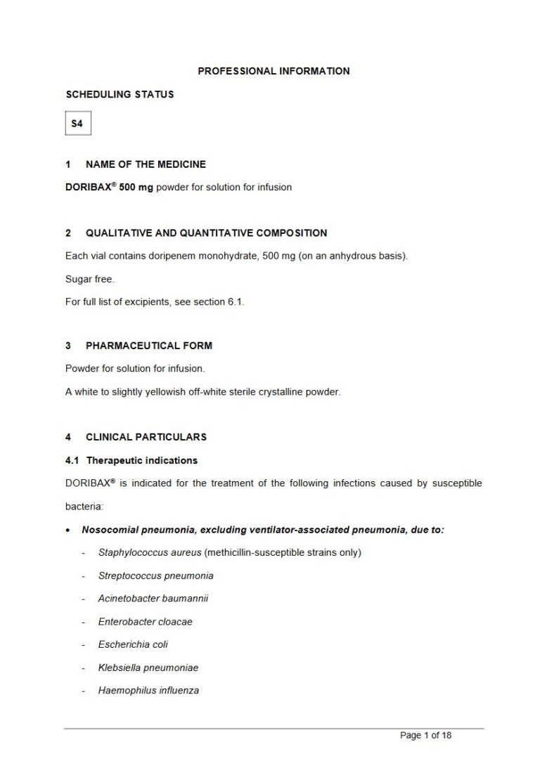 Doribax 500mg Injection package insert preview