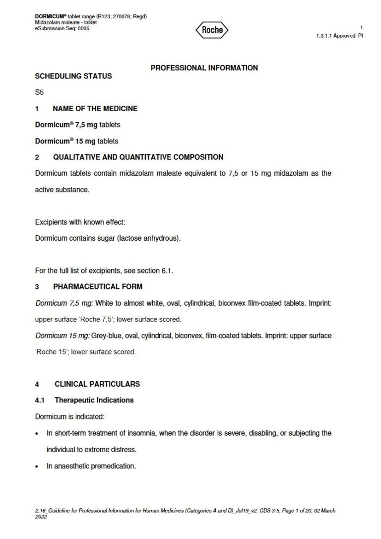 Dormicum 7.5mg. 15mg Tablets package insert preview