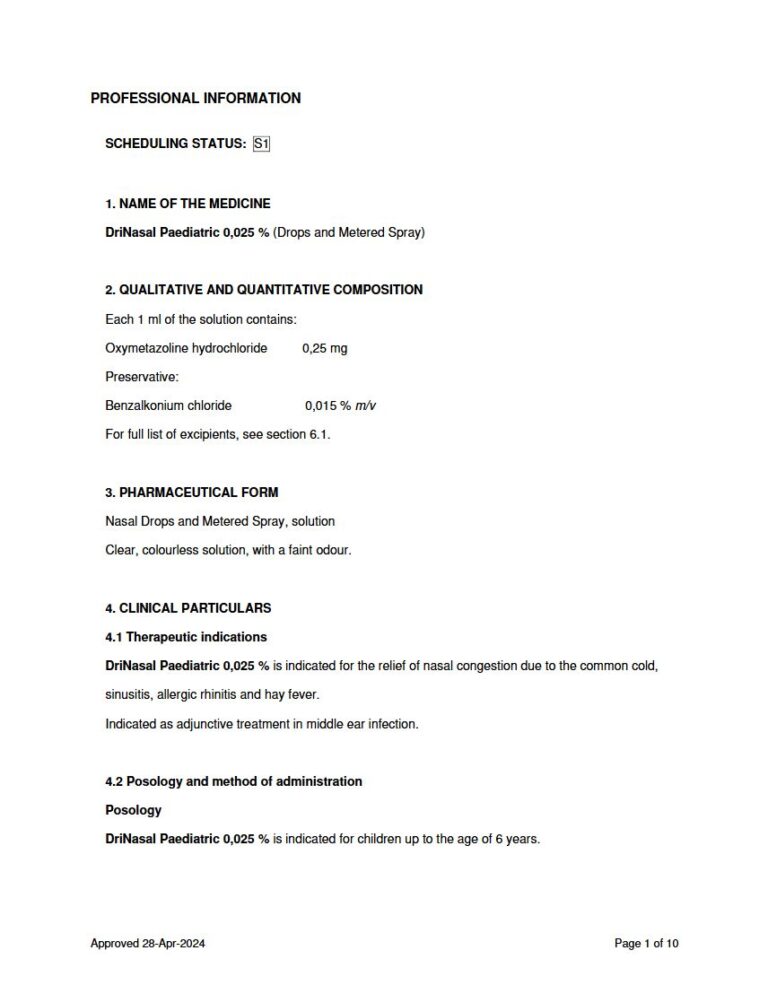 Drinasal Paediatric 1 ml Nasal Drops and Metered Spray, solution package insert preview