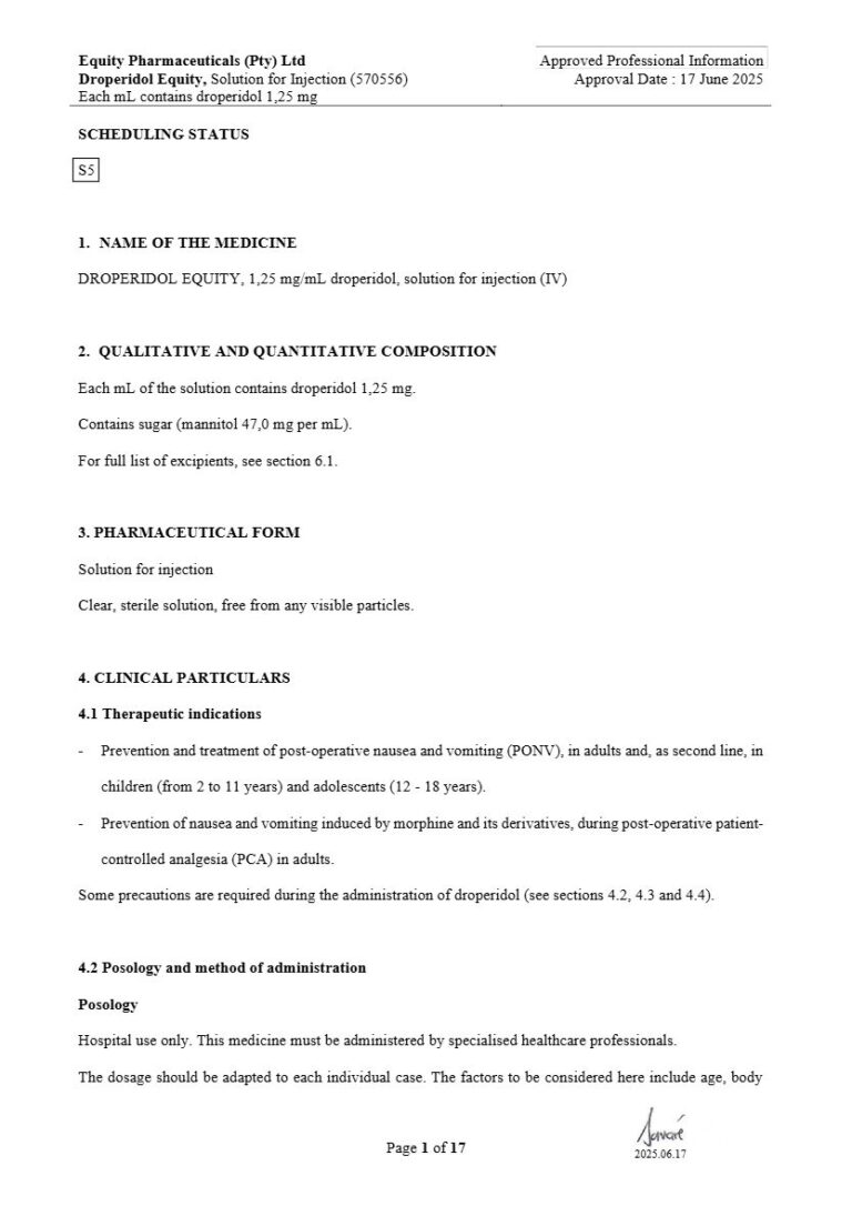 Droperidol Equity 1,25 mg/mL Solution for injection (IV) package insert preview