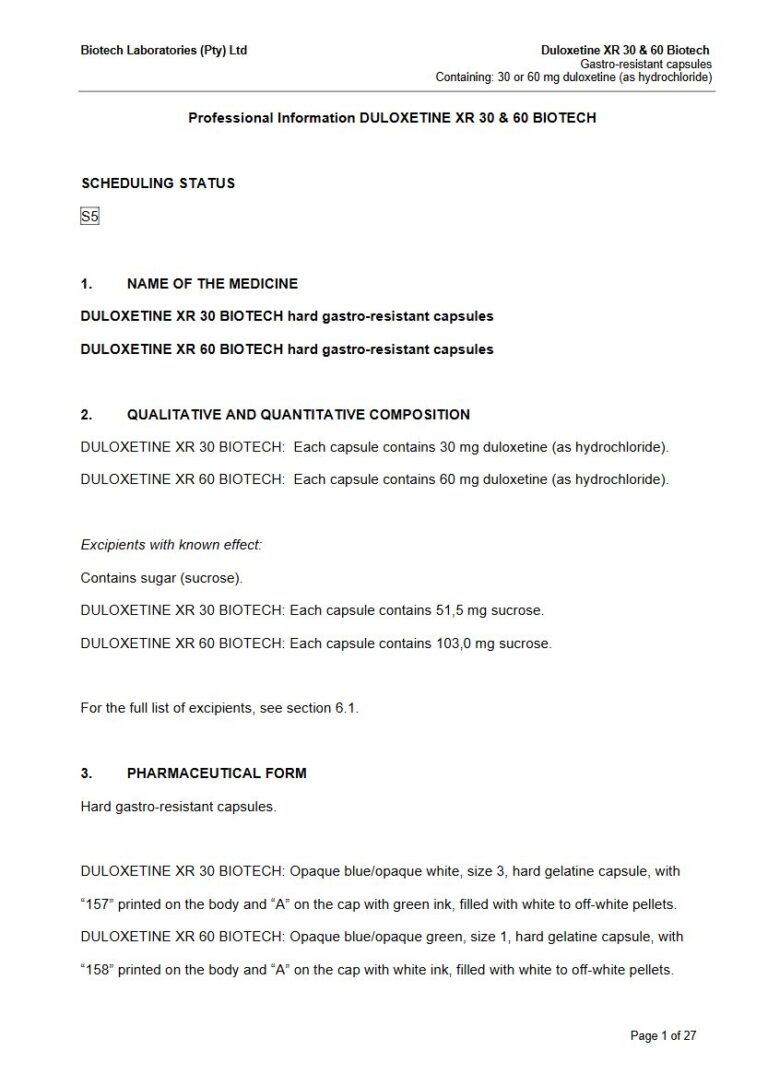 Duloxetine XR 30 mg/60 mg Capsules package insert preview