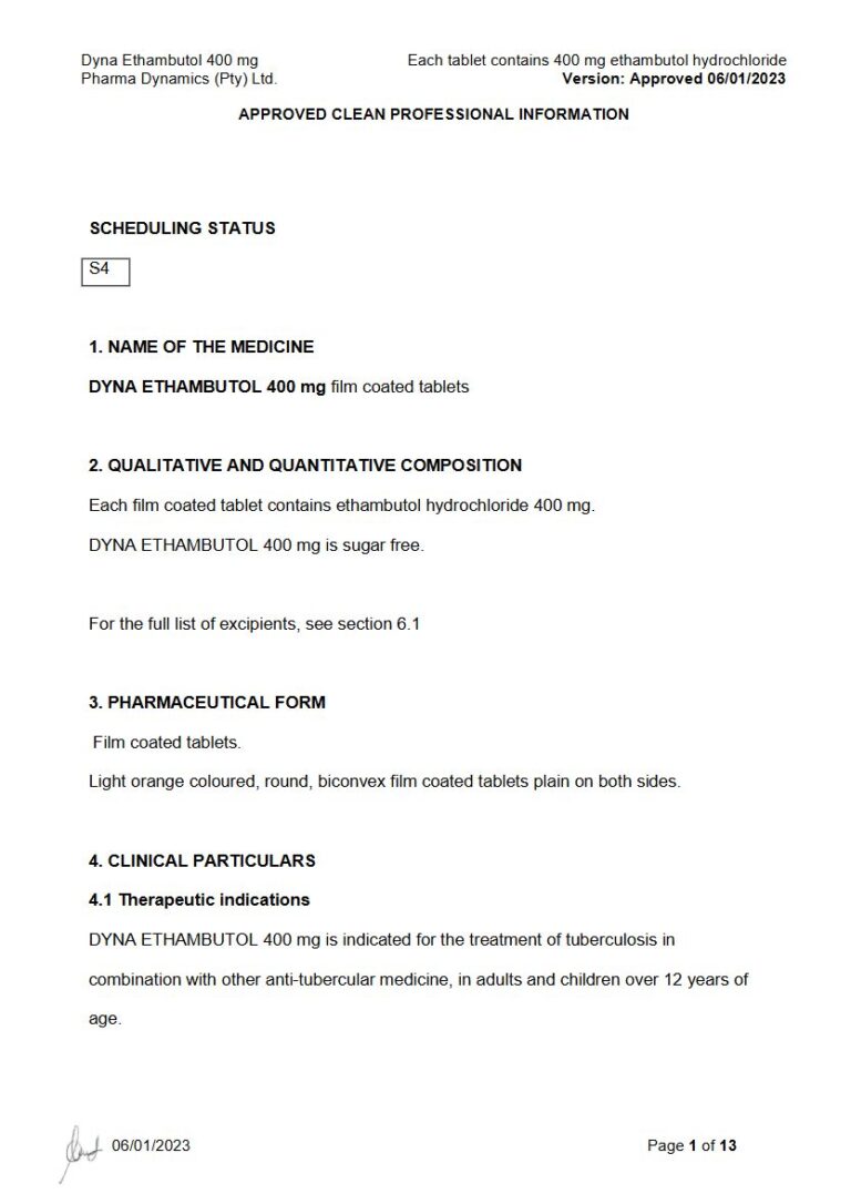 Dyna Ethambutol 400 mg FC tablets. package insert preview