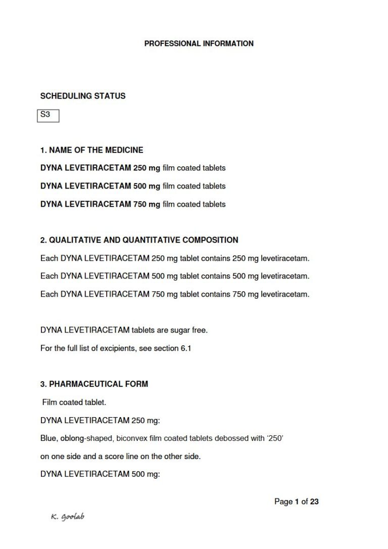 Dyna Levetiracetam 250 mg, 500 mg, 750 mg FC tablet. package insert preview