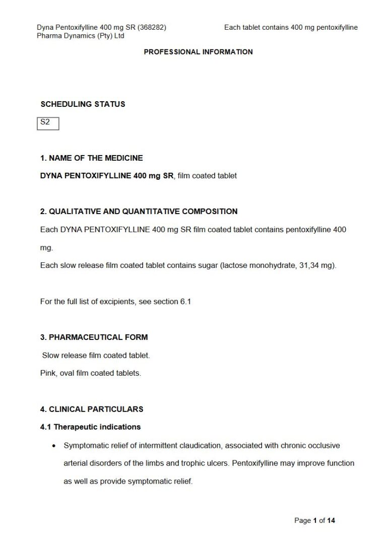 Dyna Pentoxifylline 400 mg Slow release FC tablet. package insert preview