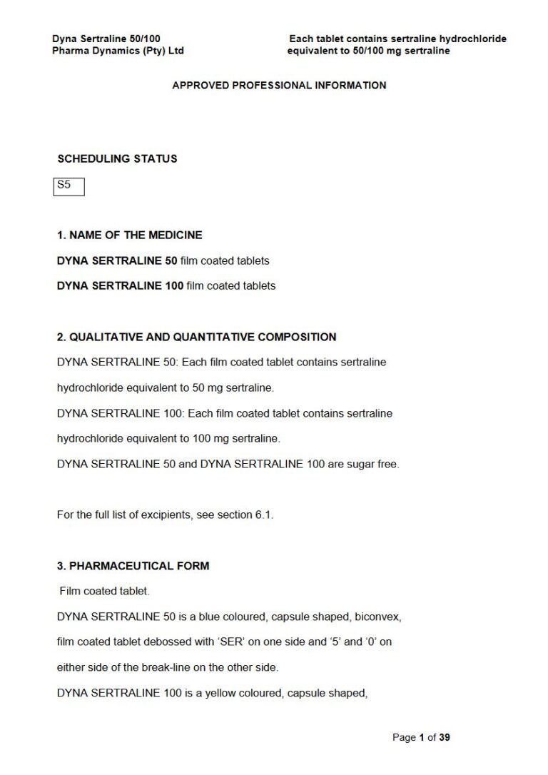 Dyna Sertraline 50 mg. 100 mg FC tablet. package insert preview