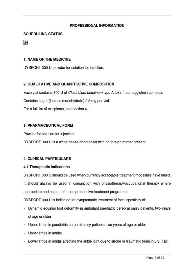 Dysport 300 U 300 U Powder for solution for injection. package insert preview