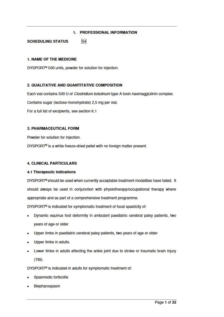 Dysport 500 U injection package insert preview