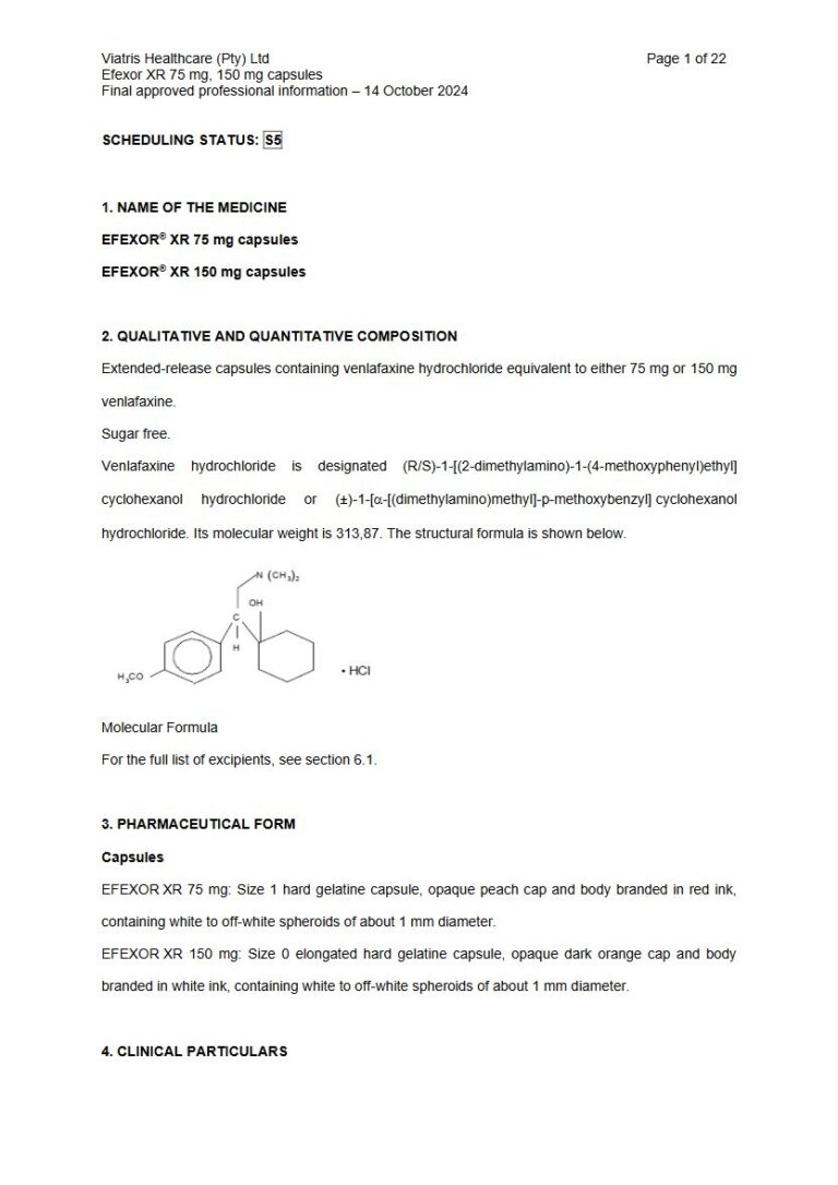 Efexor XR 75 Mg/150 Mg Capsules package insert preview