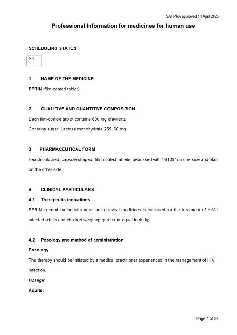 Efrin 600 mg FC tablets, package insert preview