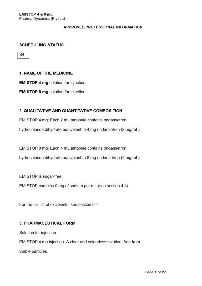 Emistop 4mg & 8 mg Injection (aqueous solution). package insert preview