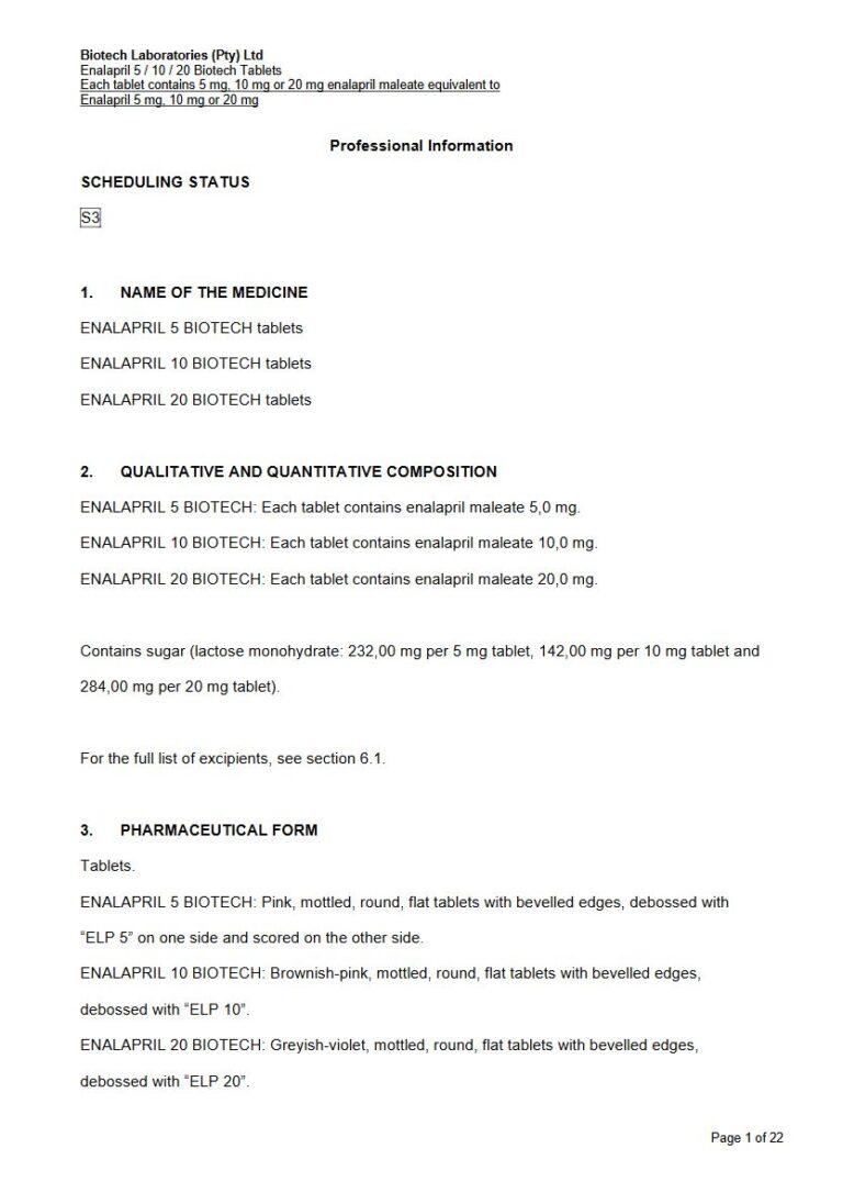 Enalapril 5 / 10 / 20 Biotech 5 mg, 10 mg or 20 mg Tablets. package insert preview