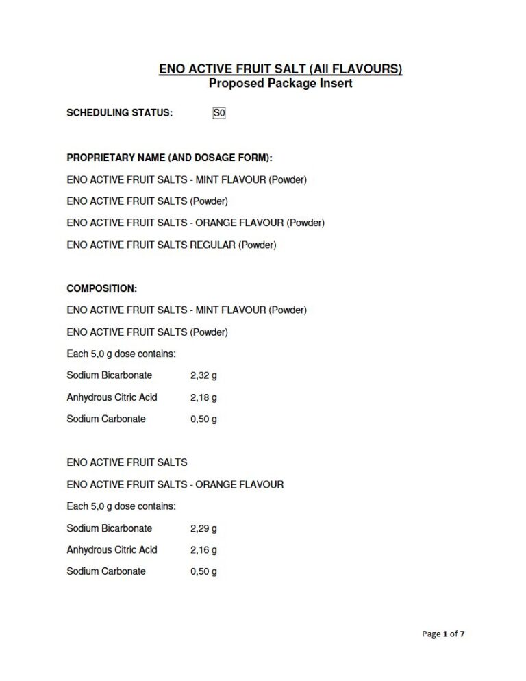 Eno Active Fruit Salt Regular 5.0g Powder package insert preview