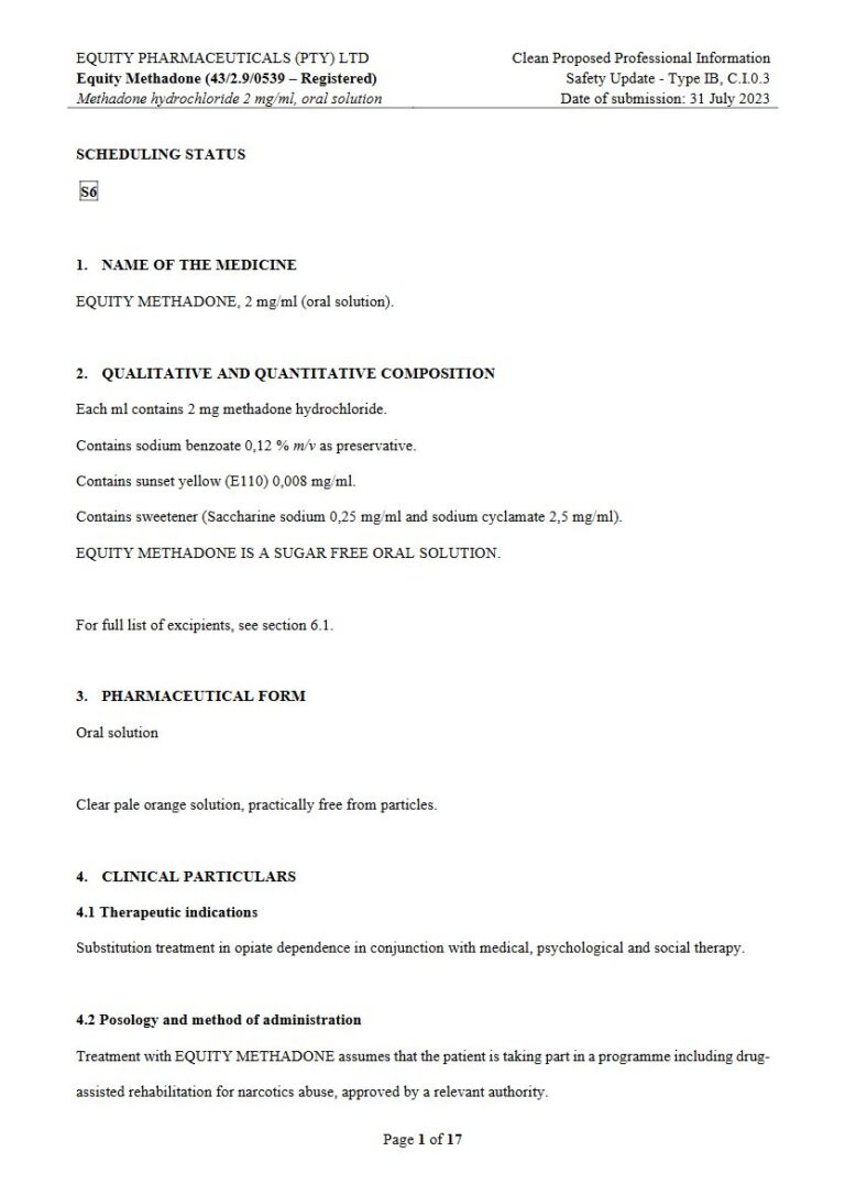 Equity Methadone 2 mg / 1 ml Oral Solution package insert preview