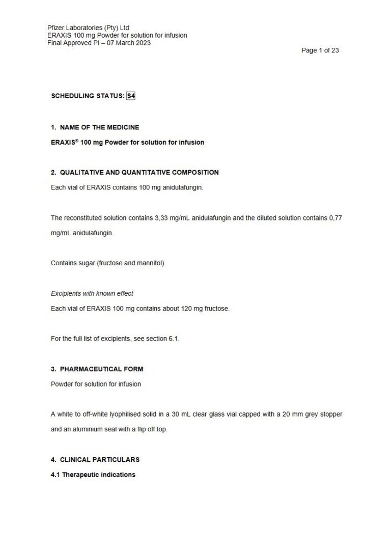 Eraxis 100 mg Powder for solution for infusion package insert preview