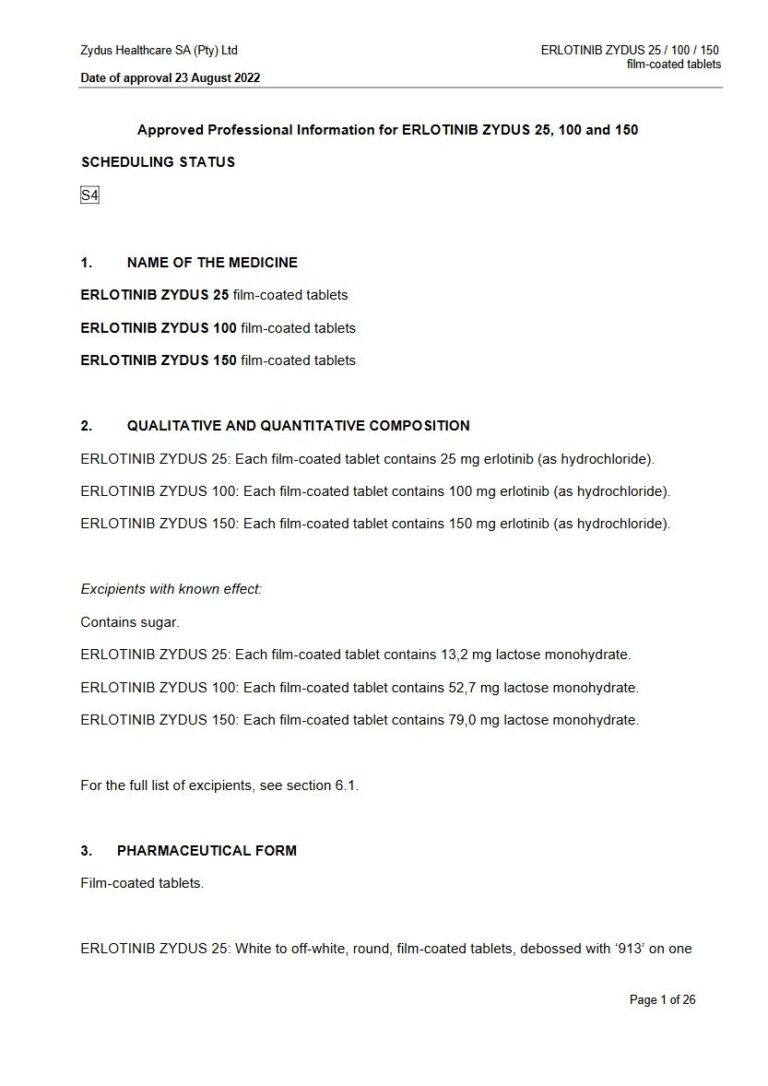 Erlotinib Zydus 25/100/150 25 mg, 100 mg, 150 mg Tablets package insert preview