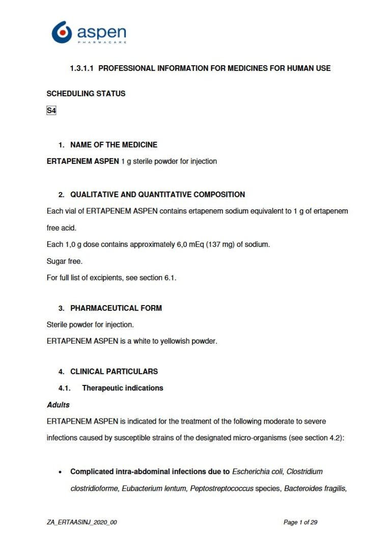 Ertapenem Aspen 1 g Sterile powder for injection. package insert preview