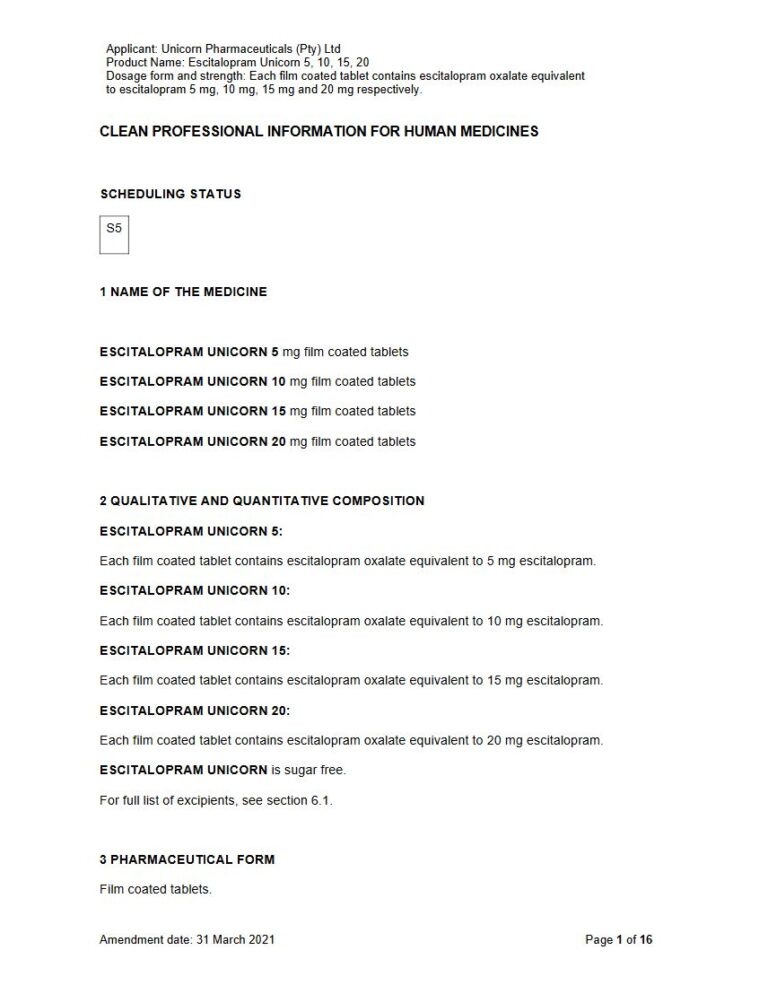 Escitalopram Unicorn 5 mg/10 mg/15 mg/20 mg Film-Coated Tablets package insert preview