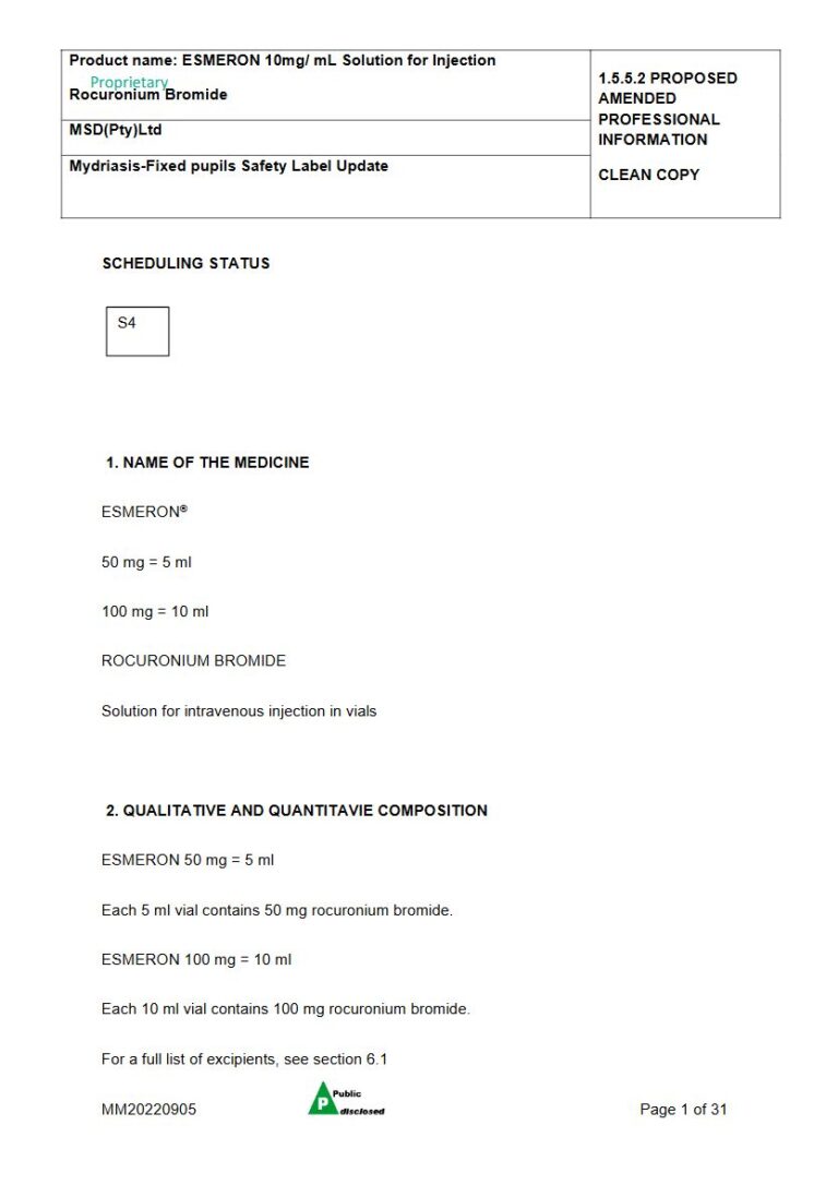 Esmeron 10mg / 1ml Injection package insert preview