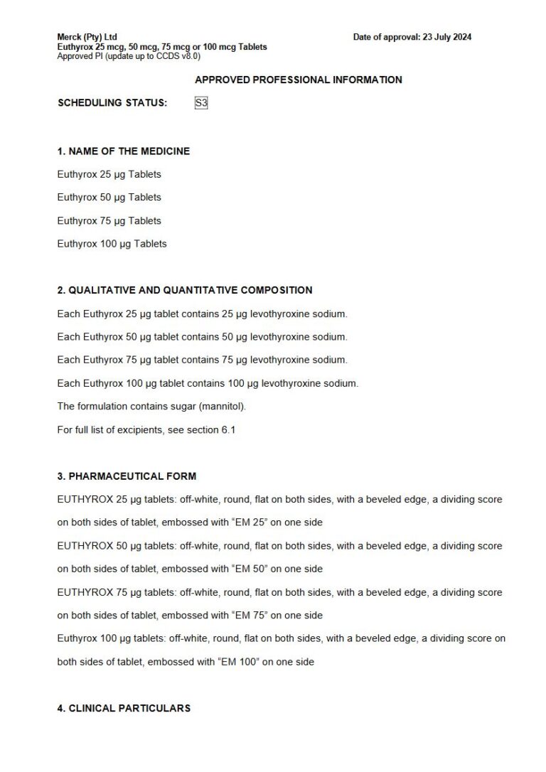 Euthyrox 25 Mcg/50 Mcg/75 Mcg/100 Mcg Tablets package insert preview