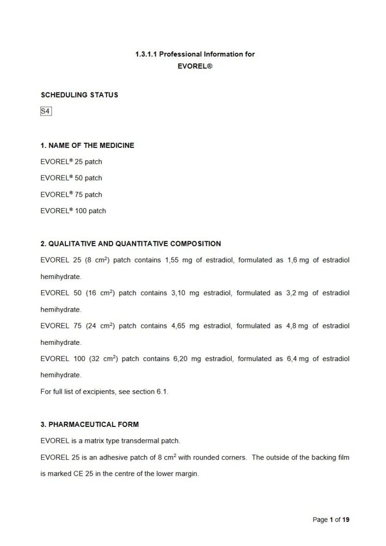 Evorel 1,6 mg/ 3,2 mg/ 4,8 mg/ 6,4 mg Transdermal patch. package insert preview