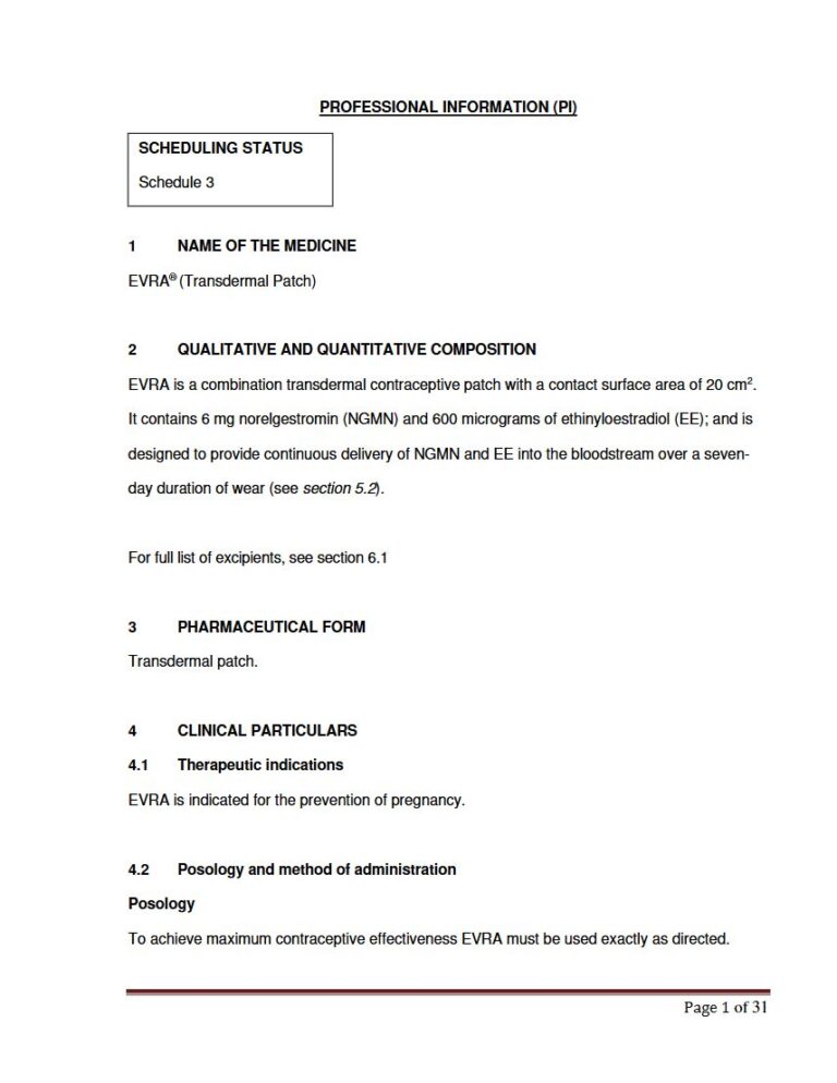 Evra 6 mg Transdermal Patch package insert preview