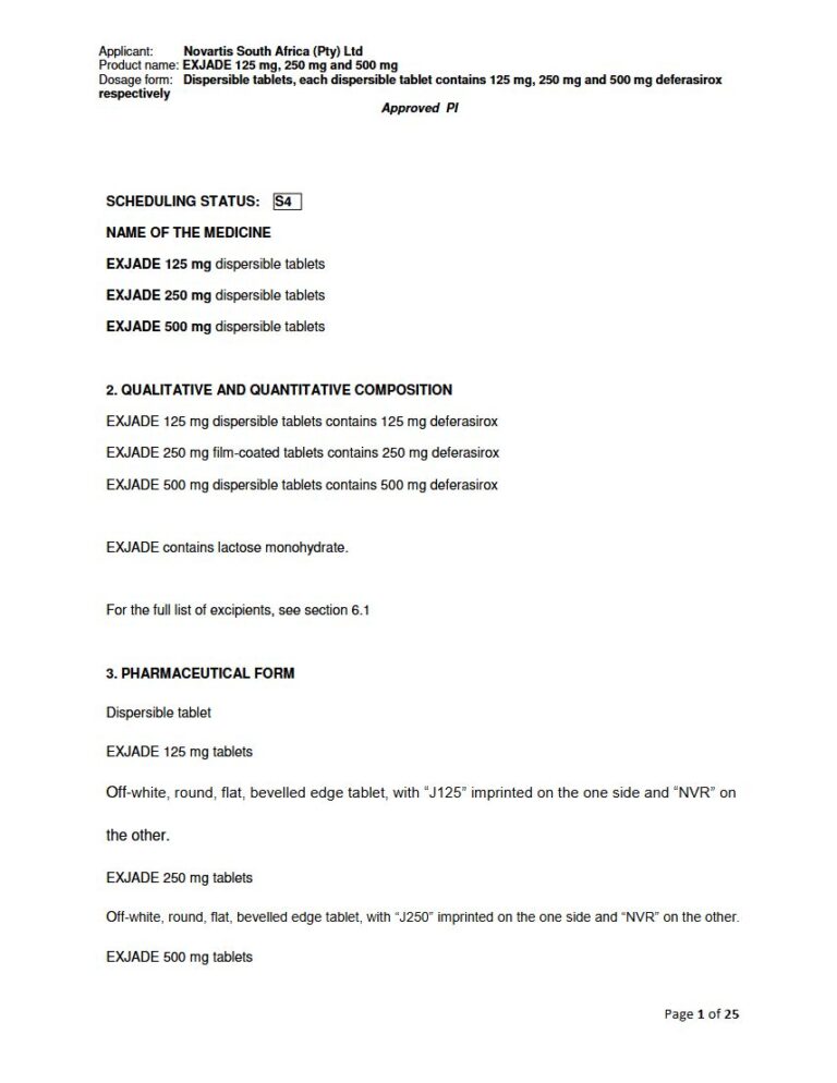 Exjade 125mg. 250mg. 500mg dispersible tablets package insert preview