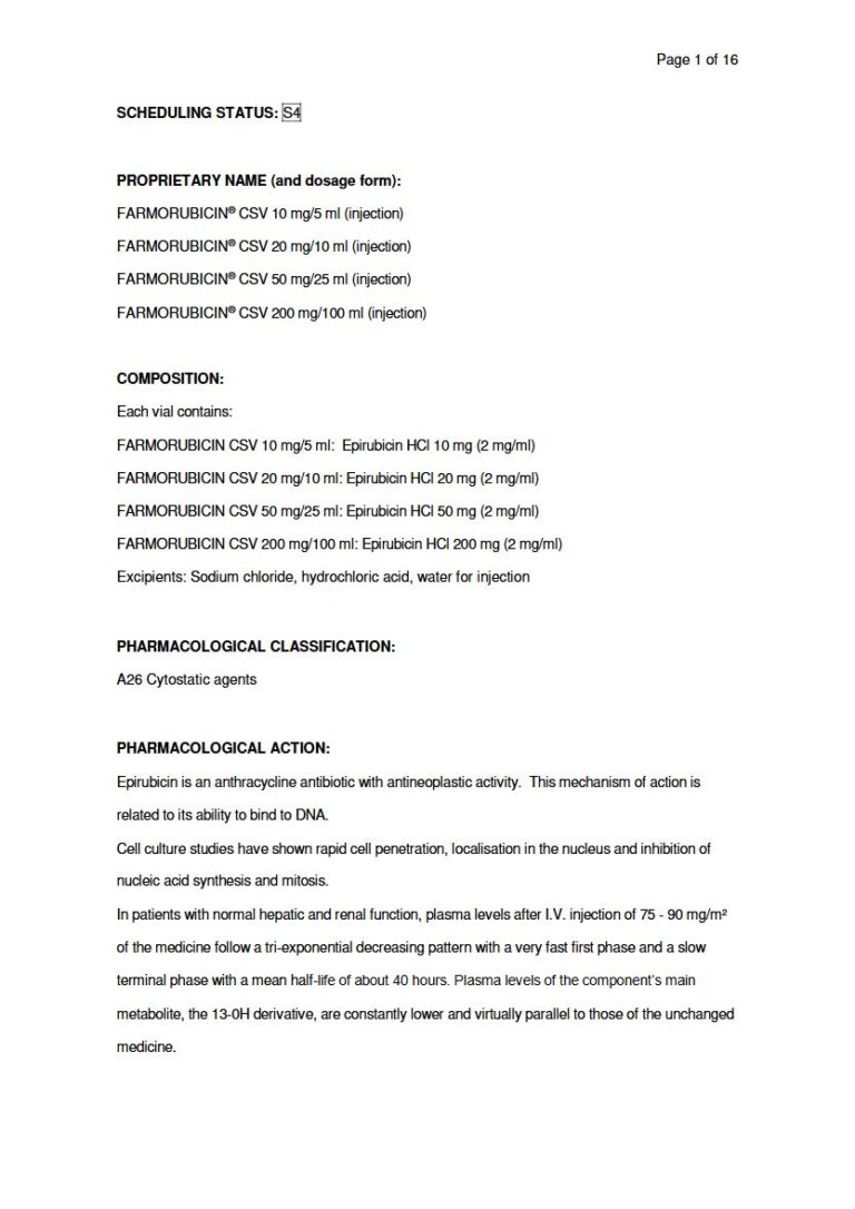 Farmorubicin 10 mg/5 ml/20 mg/10 ml/50 mg/25 ml/200 mg/100 ml package insert preview