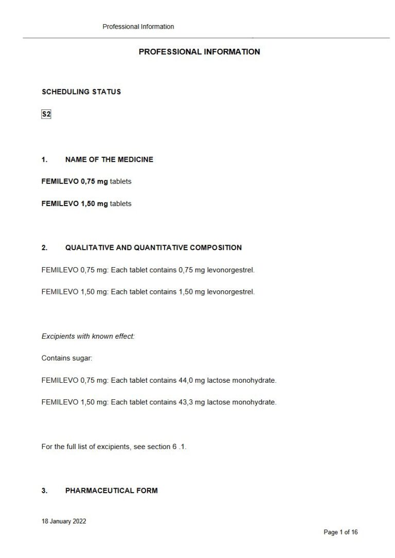 Femilevo 0,75 mg/ 1,50 mg Tablets. package insert preview