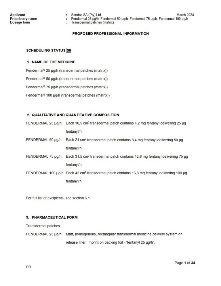 Fendermal 25 μg/h, 50 μg/h, 75 μg/h, 100 μg/h Transdermal patches package insert preview