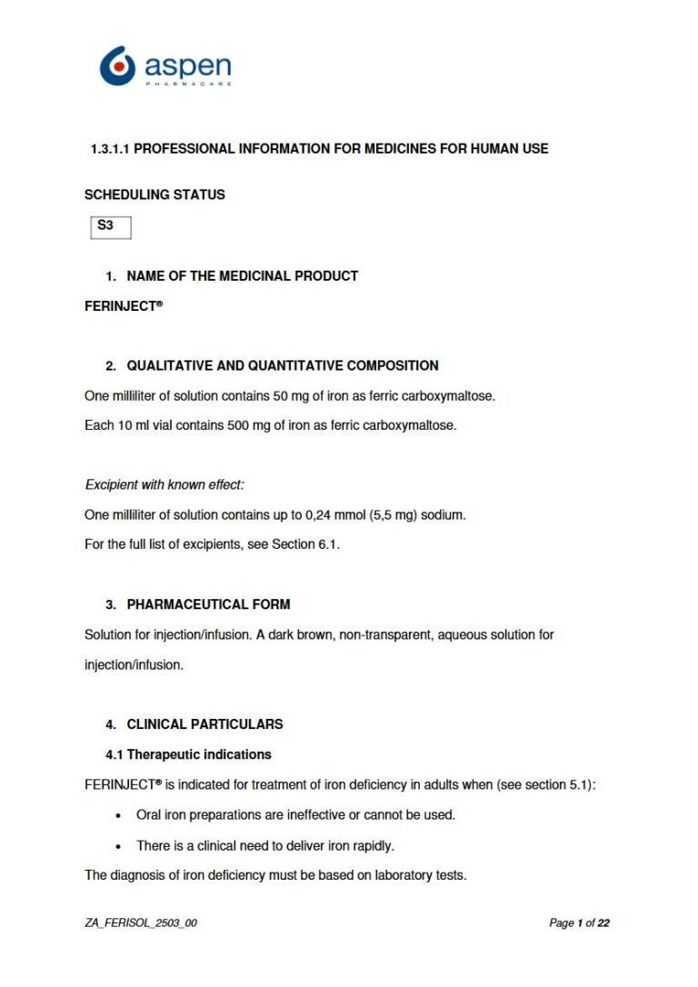Ferinject 50 mg/ 500 mg Solution for injection/infusion. package insert preview