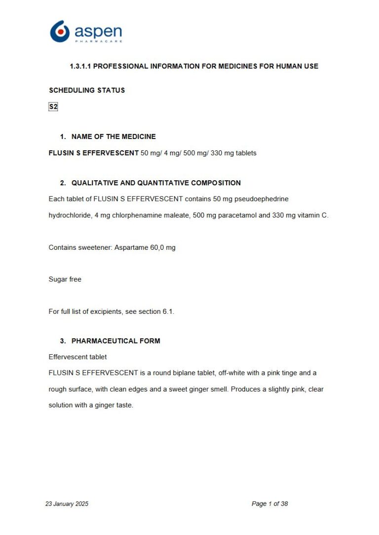Flusin S Effervescent 50 mg/ 4 mg/ 500 mg/ 330 mg Tablet package insert preview
