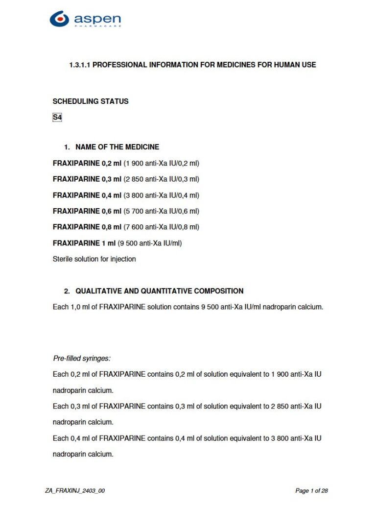 Fraxiparine 0.2 ml/0.3 ml/0.4 ml/0.6 ml/0.8 ml/1.0 ml Solution package insert preview
