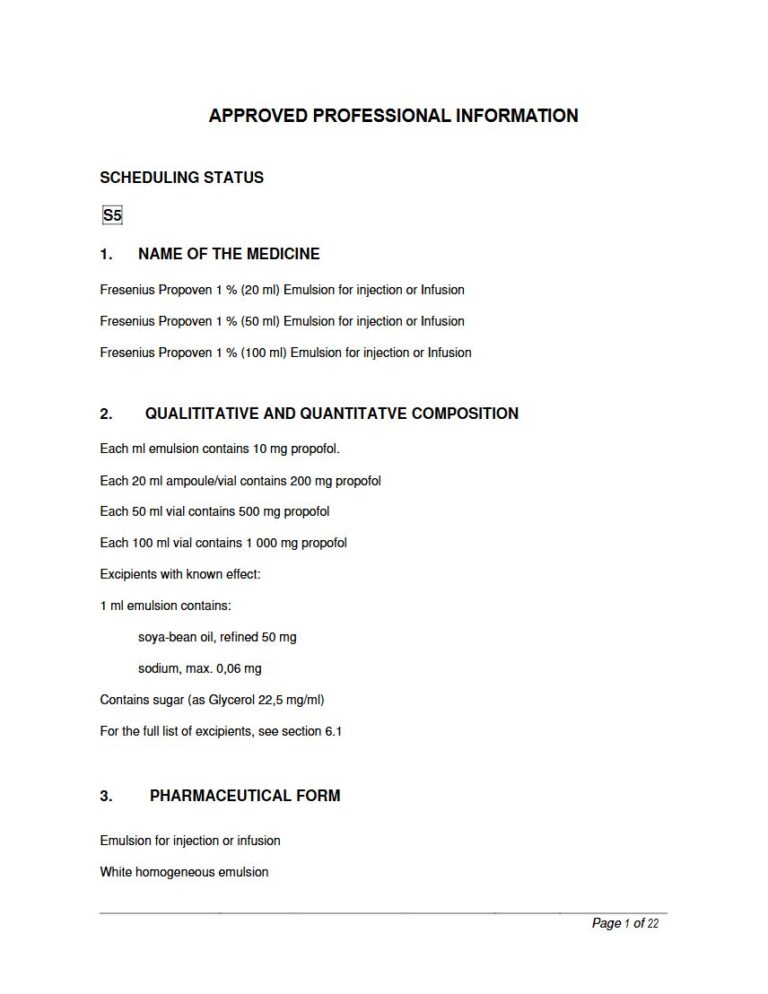 Fresenius Propoven 1 %/20 ml/50 ml/100 ml Injection package insert preview
