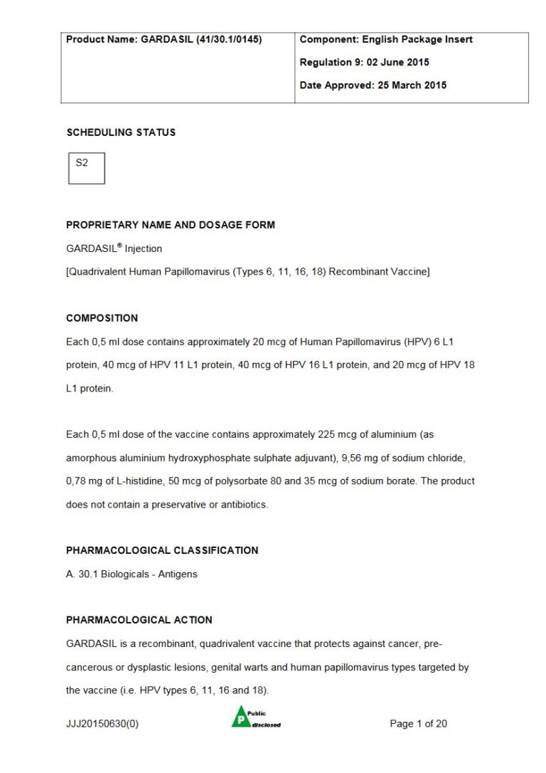 Gardasil 20 mcg Injection package insert preview