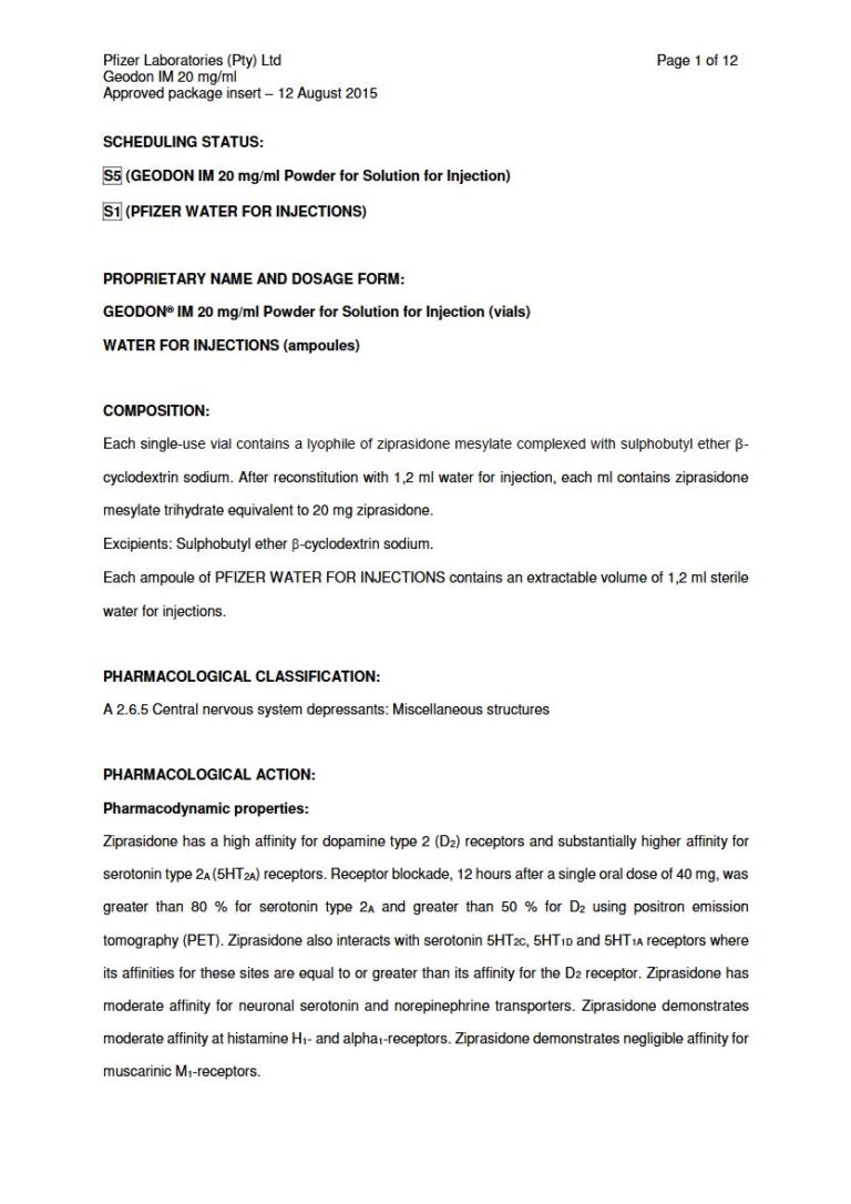 Geodon 20mg/ml Injection package insert preview