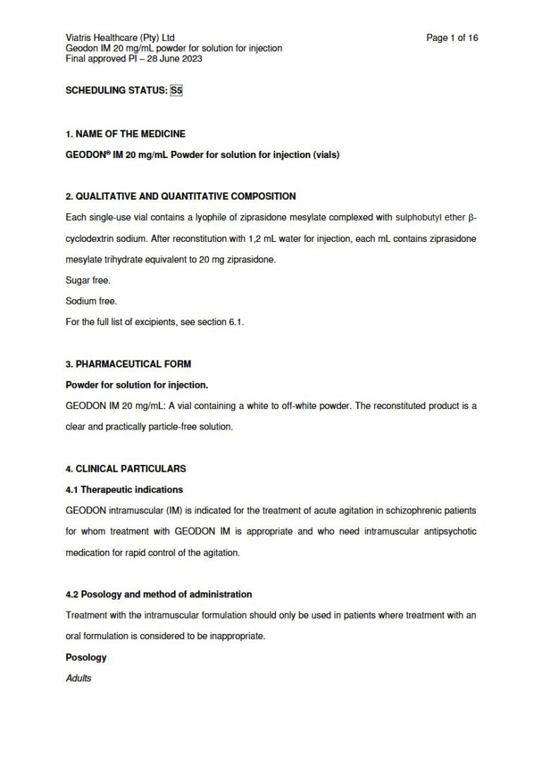 Geodon Im 20mg/ml Powder for solution for injection. package insert preview