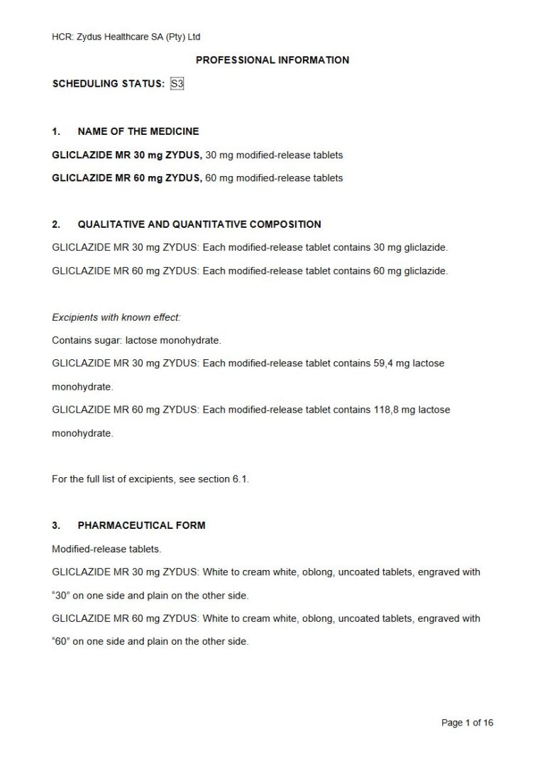 Gliclazide Mr 30mg, 60mg Modified-release tablets. package insert preview