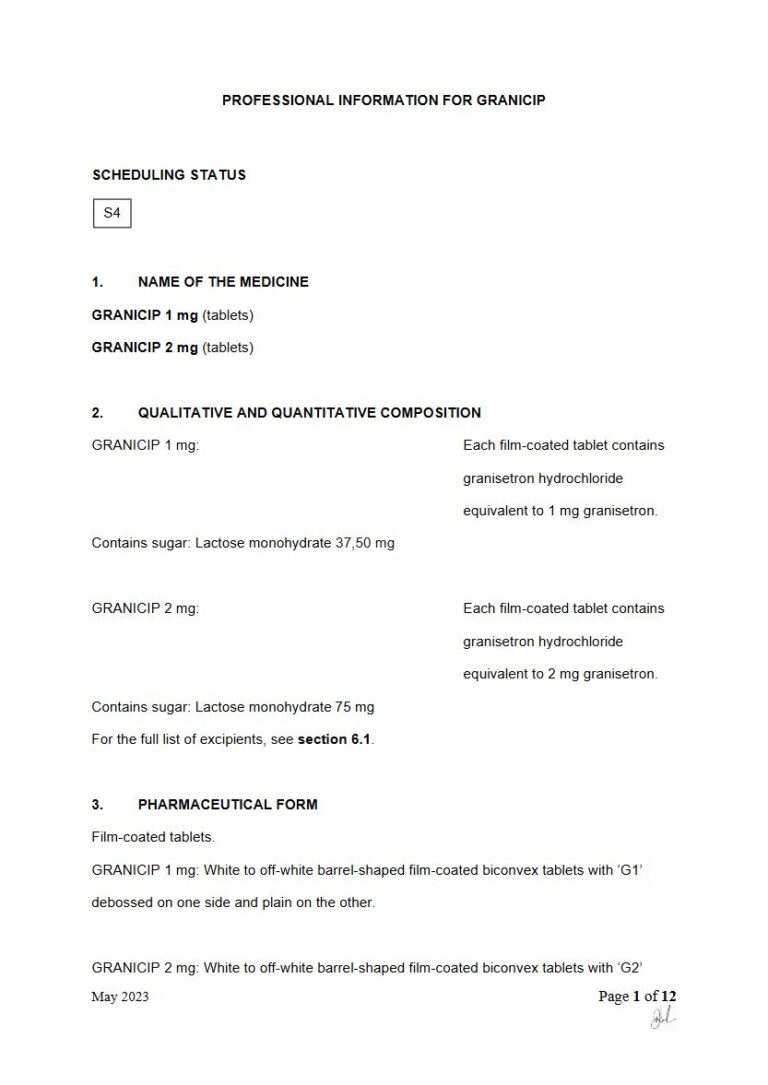 Granicip 1 mg, 2 mg FC tablets. package insert preview