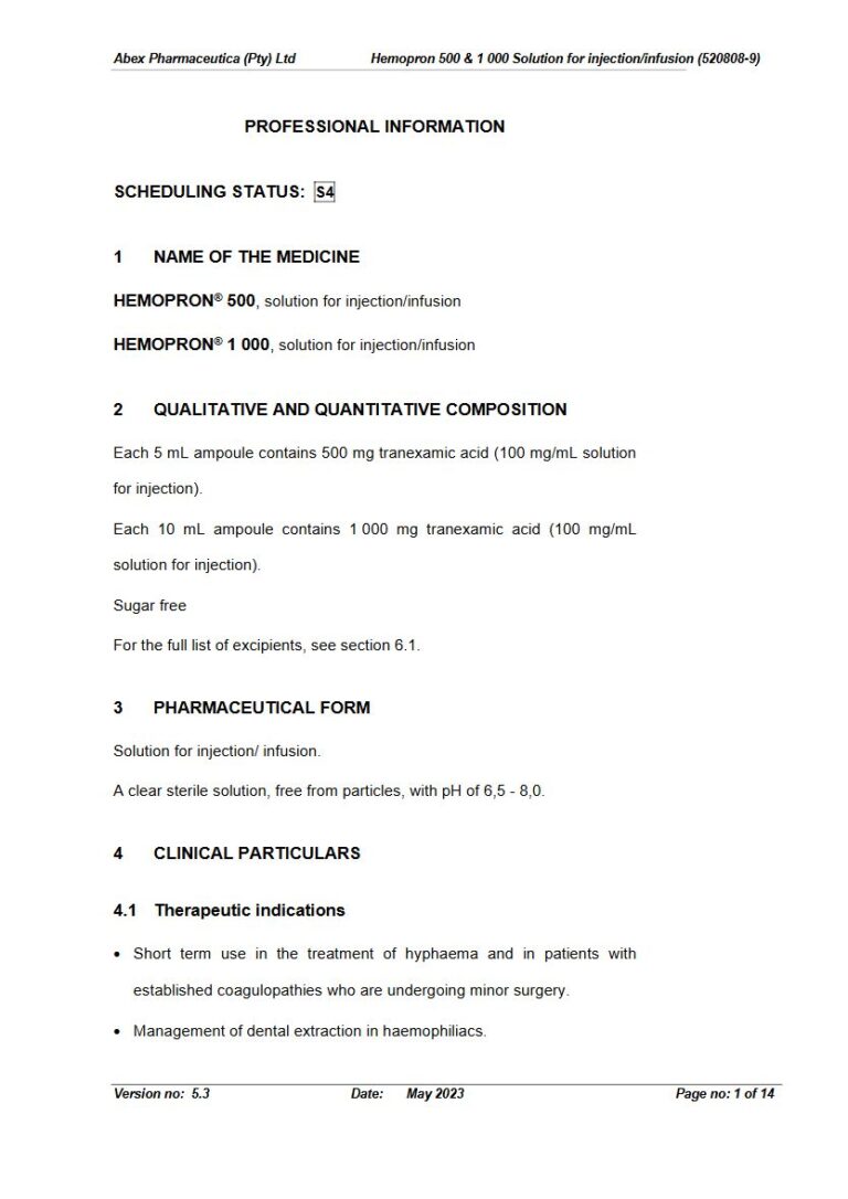 Hemopron 500 mg, 1 000 mg Solution for injection/infusion package insert preview