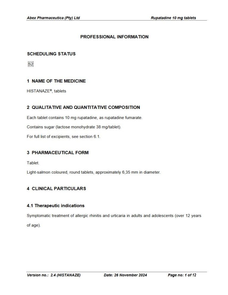Histanaze 10 mg Tablets package insert preview