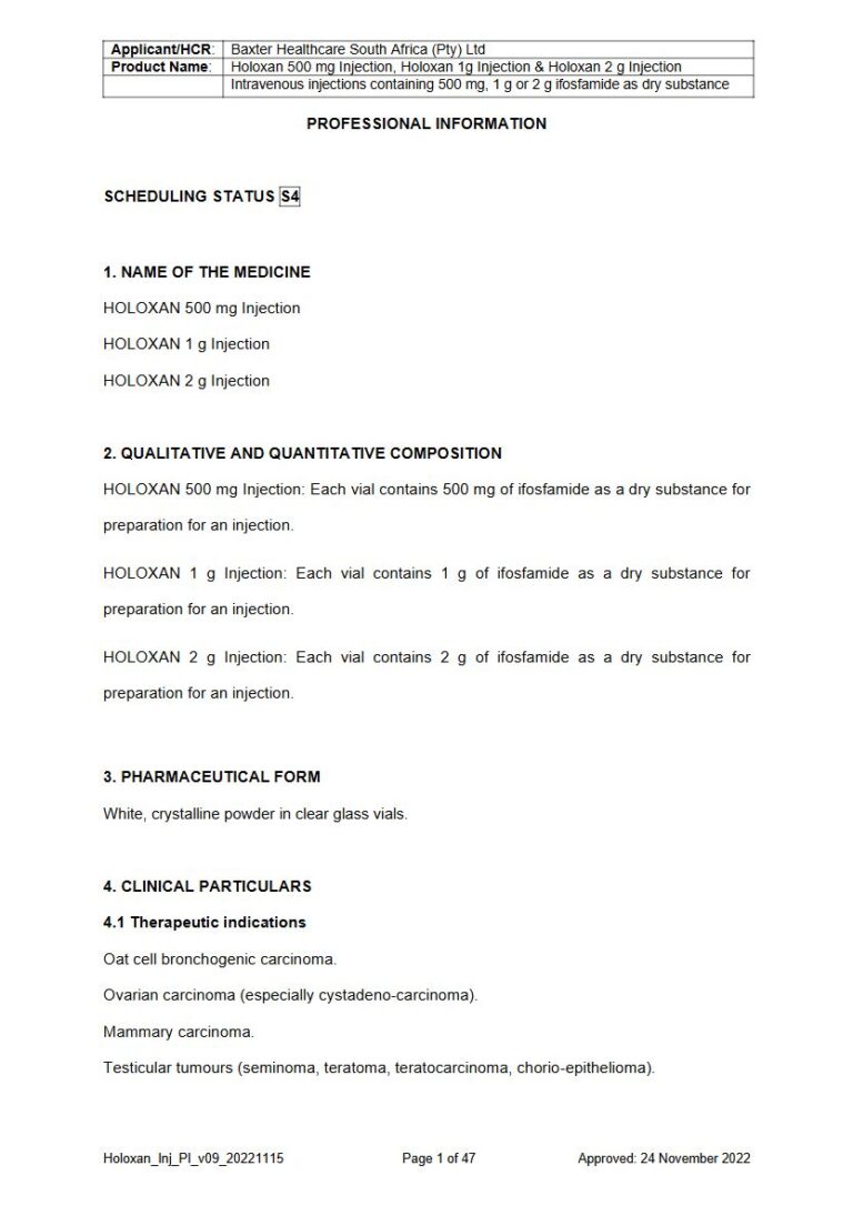 Holoxan 500 Mg/1 G/2 G Injection package insert preview