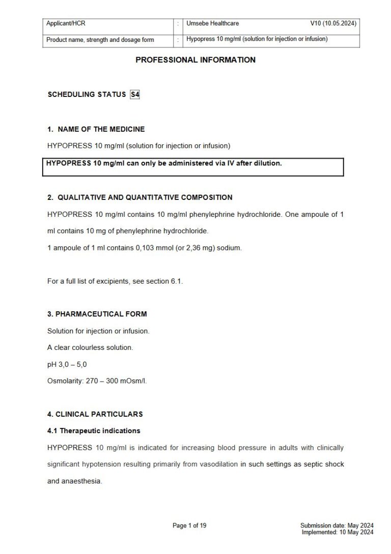 Hypopress 10 10 mg/ml Solution for injection or infusion. package insert preview