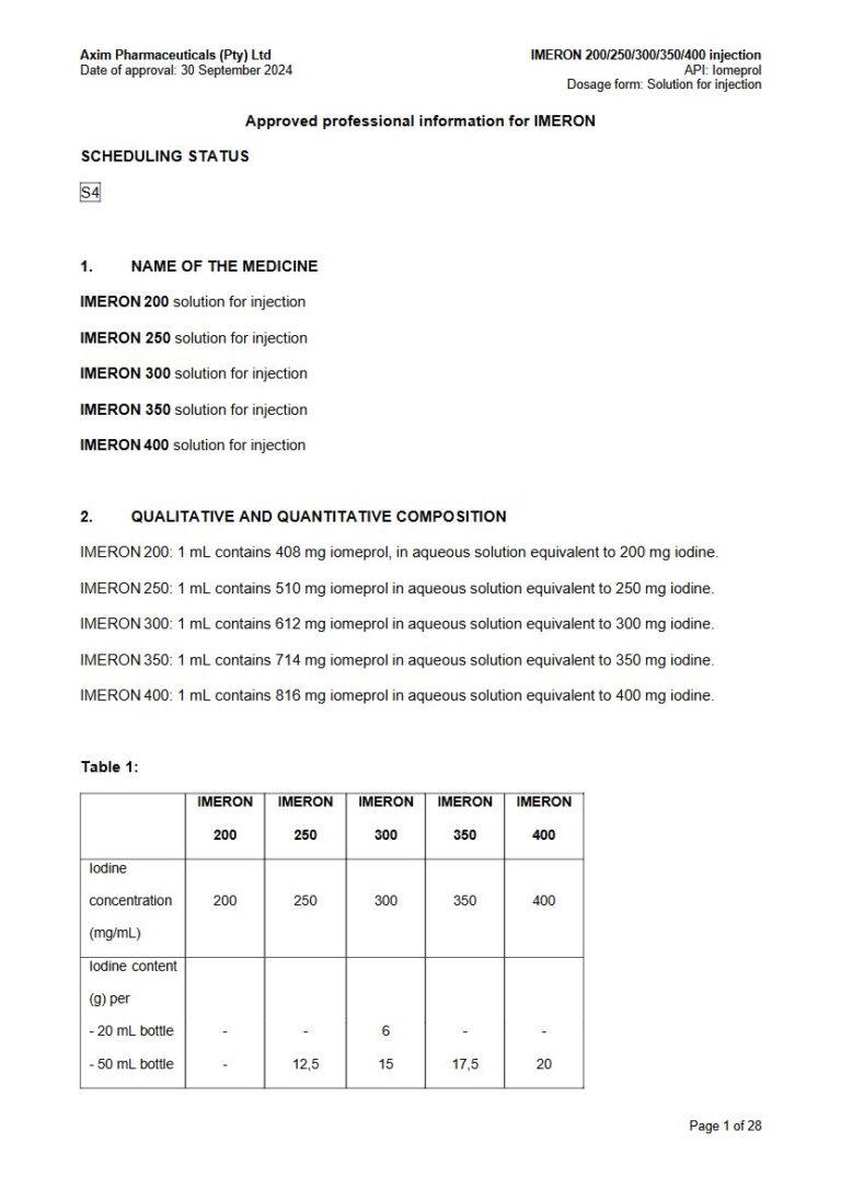 Imeron 200mg/250mg/300mg/350mg/400mg Solution for injection package insert preview