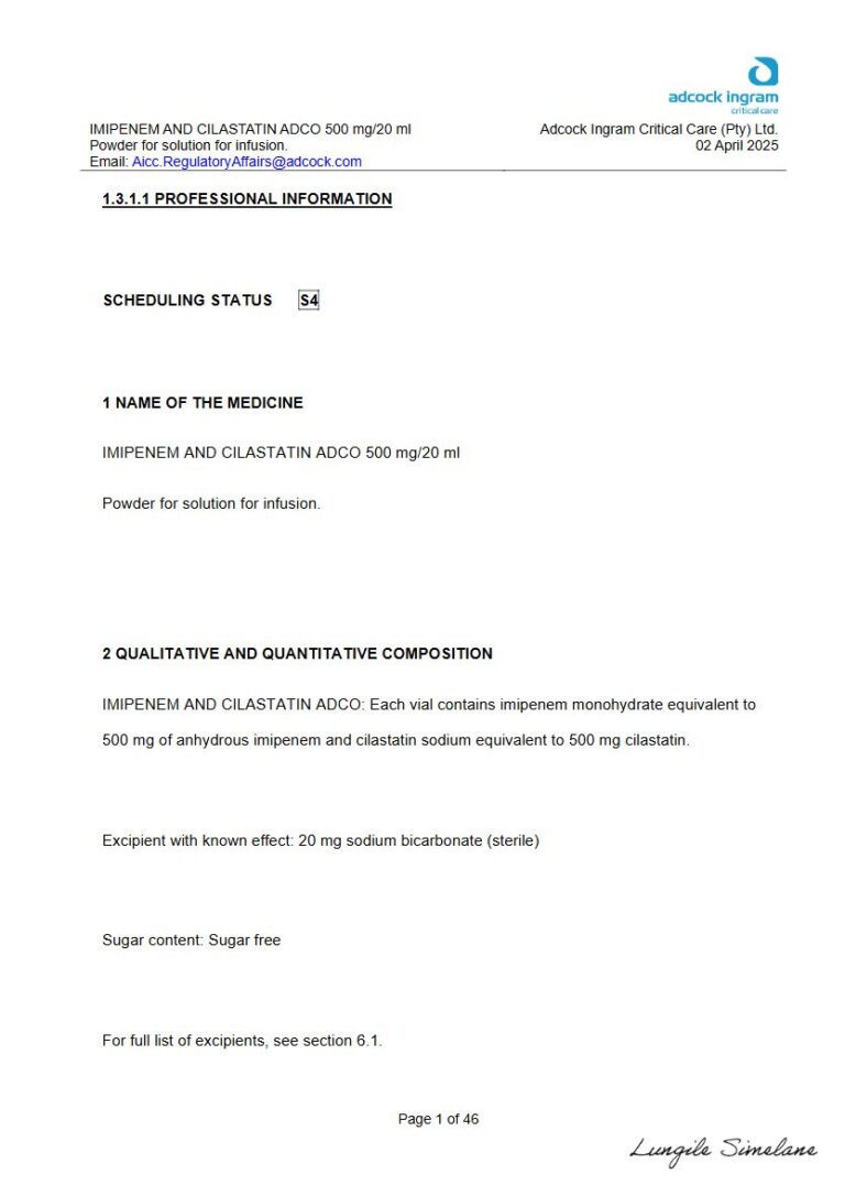 Imipenem And Cilastatin Adco 500 mg/20 ml Solution package insert preview