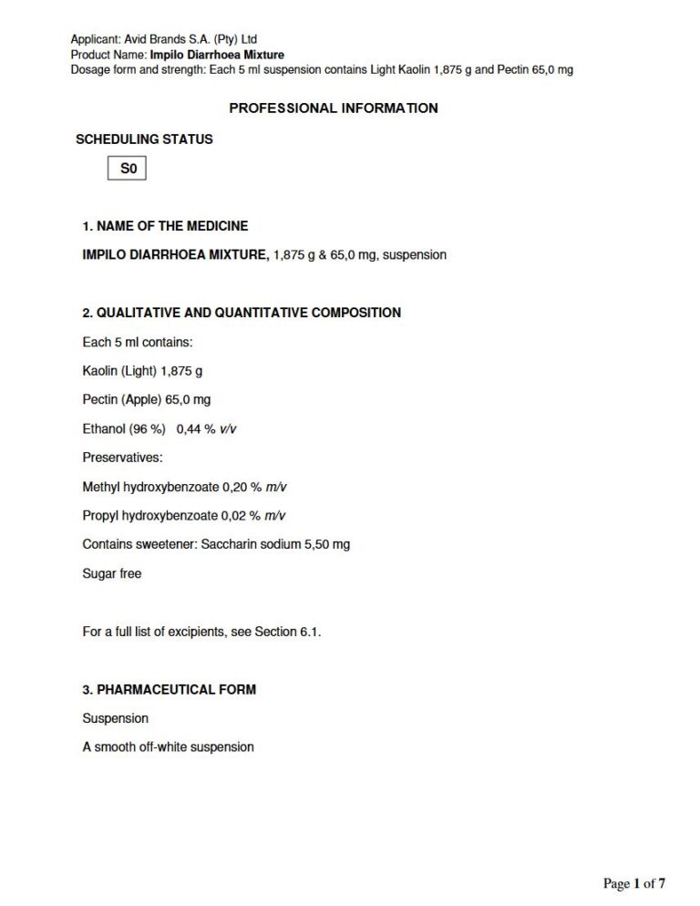 Impilo Diarrhoea Mixture 5 ml Suspension package insert preview