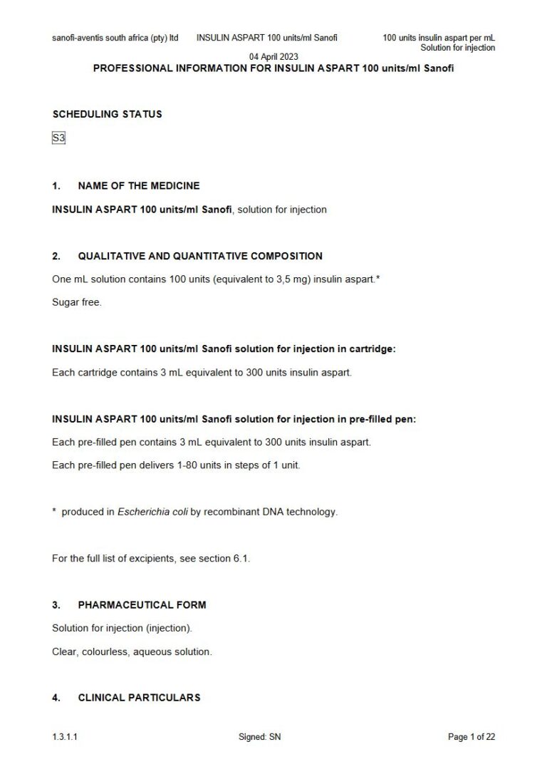 Insulin Aspart 100 Units/Ml Sanofi 100 U Solution for injection package insert preview