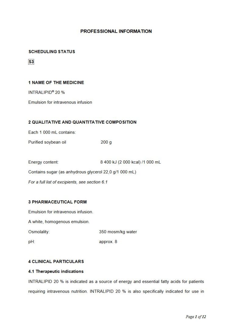 Intralipid 20 % 1 000 mL Emulsion for infusion package insert preview